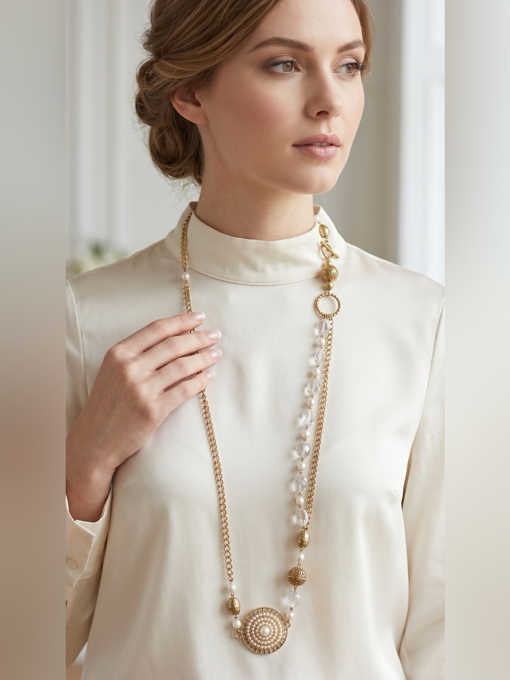 Gold Long Beaded Statement Necklace - Women Jewelry